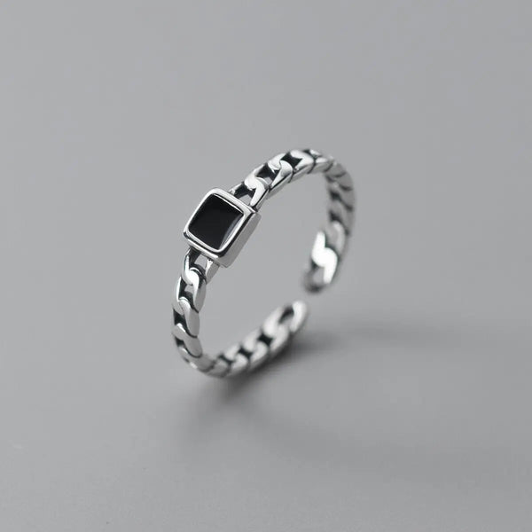 925 Sterling Silver Retro Black Stone Chain Style Adjustable Ring