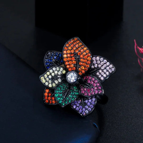 Luxury 3D Flower Design Colorful Micro Cubic Zirconia Adjustable Ring