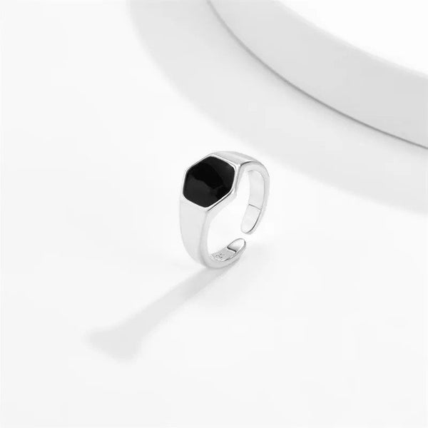 New Simple Fashion Retro Hexagonal Black Glossy Adjustable Ring