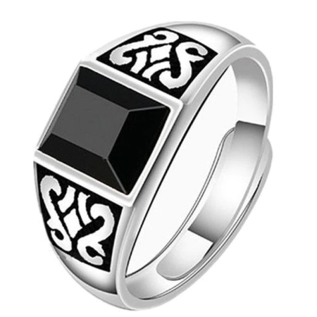Men's Silver Original Geometric Inlaid Black Opening Adjustable Ring