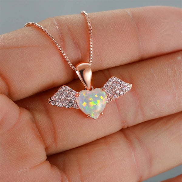 Cute Female Angel Wing Heart Shape Opal Stone Rose Gold Color Pendant