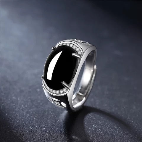 New Fashion 925 Sterling Silver Retro Hollow Ancient Coins Ethnic Style Black Agate Men's Adjustable Ring