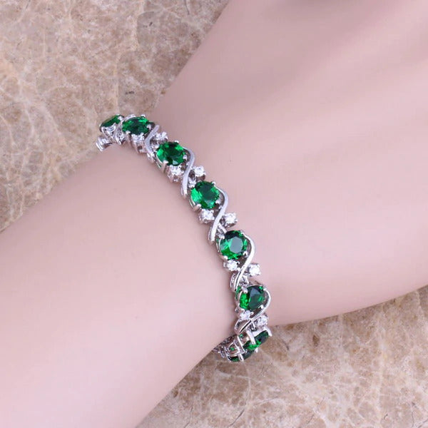 Green Cubic Zirconia White CZ Silver Plated Link Chain Bracelet