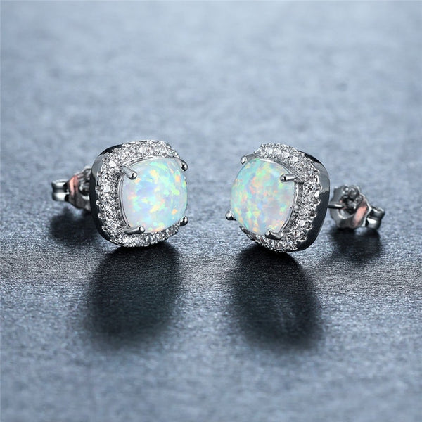 Square Shape With Micro Zircons Small Opals & Multi Color Stones Stud Earrings