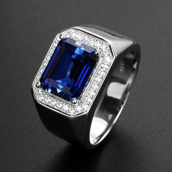 Men Rings 925 Sliver Fine Jewelry Geometric Sapphire Emerald Gemstones Adjustable Ring