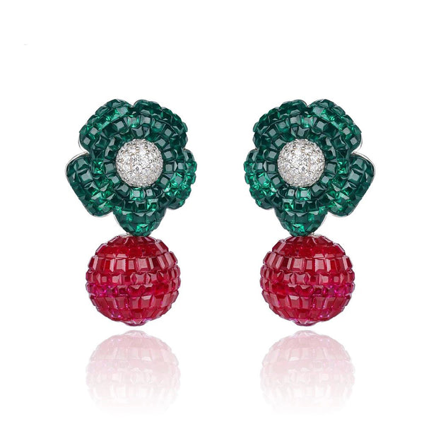 New Design 925 Silver Drop Big Flower Created Nano Ruby Emerald Earrings