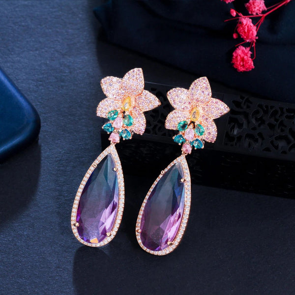 Zircons Micro Pave Pink Cubic Zirconia Flower Big Water Drop Rainbow Crystal Long Luxury Earrings