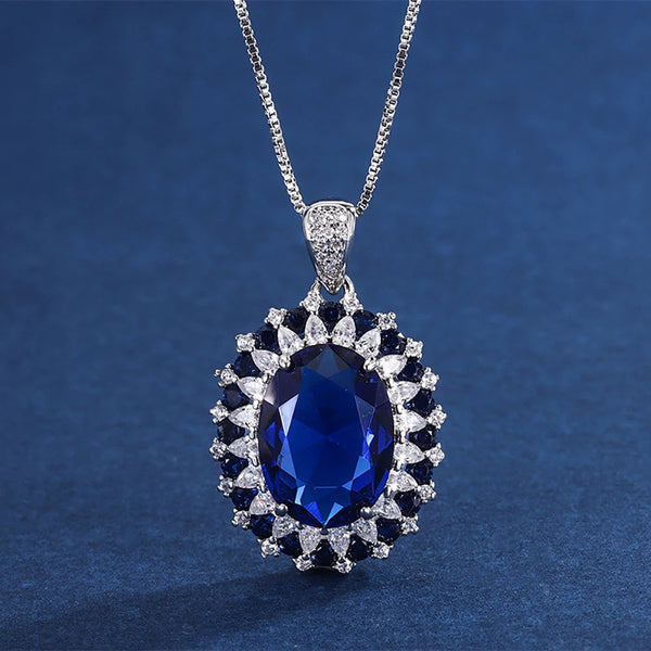 Vintage 925 Sterling Silver 12*16mm Sapphire Gemstone Pendant Necklace