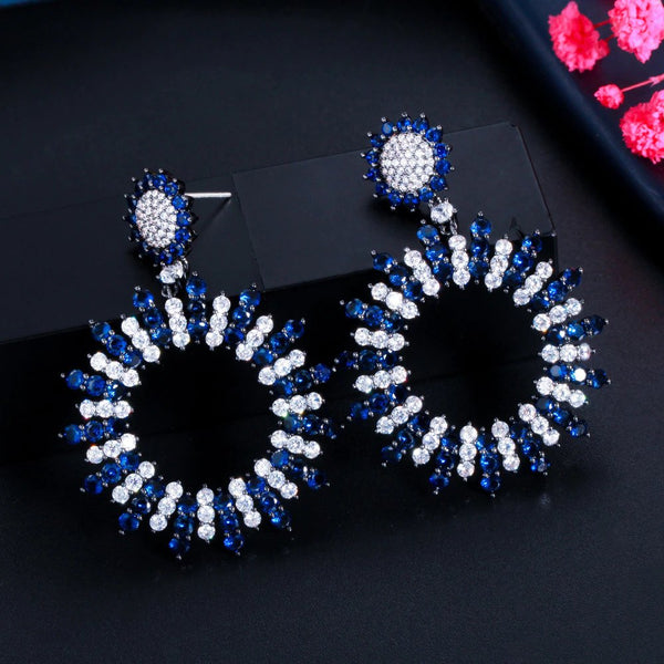 Luxury Round Drop Big Long Blue Cubic Zirconia Crystal Wedding Earrings