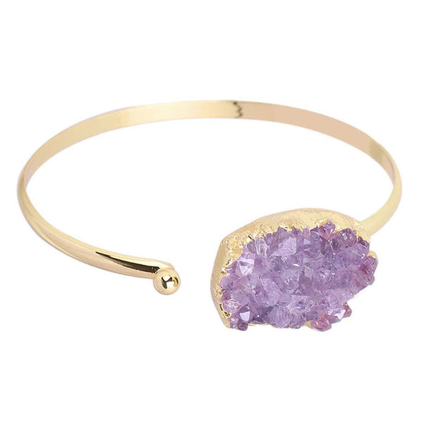 Fashion Cuff Bracelet for Women Natural Stone Purple Quartz Crystal Half Open Gold Color Bangle