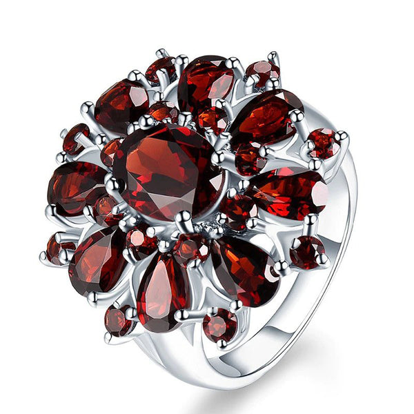 925 Silver Dark Red Ruby Gemstone Flower Shape Wedding Ring