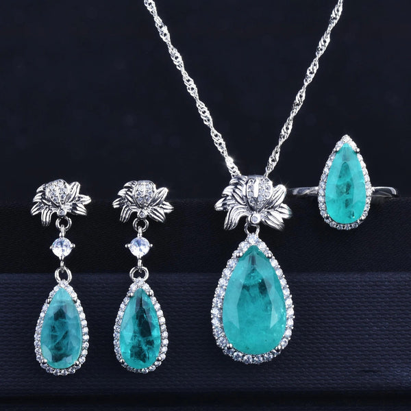 Luxury Paraiba Tourmaline Emerald Gemstone Dangle Earring 925 Silver Water Drop Rings Necklaces Jewelry Set