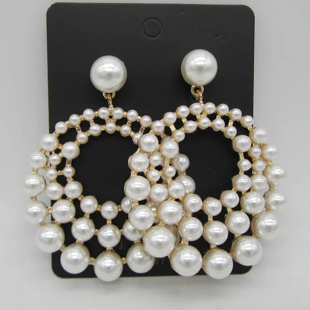Large Size Zinc Alloy Drop Shiny Pearl Big Earrings