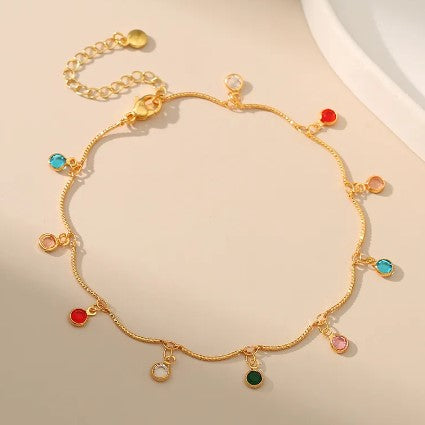 18k Gold Plated Bohemian Colored Zircon Ethnic Style Anklet with Round Glass Pendant