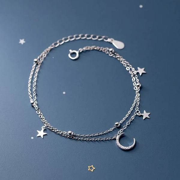 Geometric 925 Sterling Silver Star Moon Bracelet Double Layer Bracelet "Short Length"