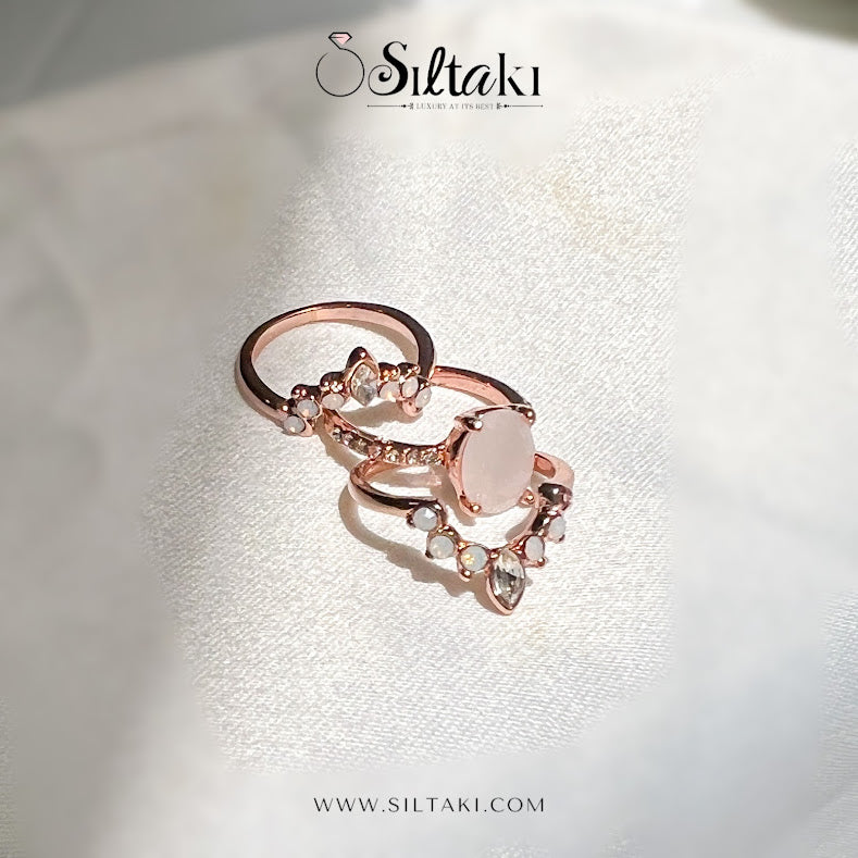 3 Pieces Rose Gold Round White Opal Colorful  Zircon Triple Ring