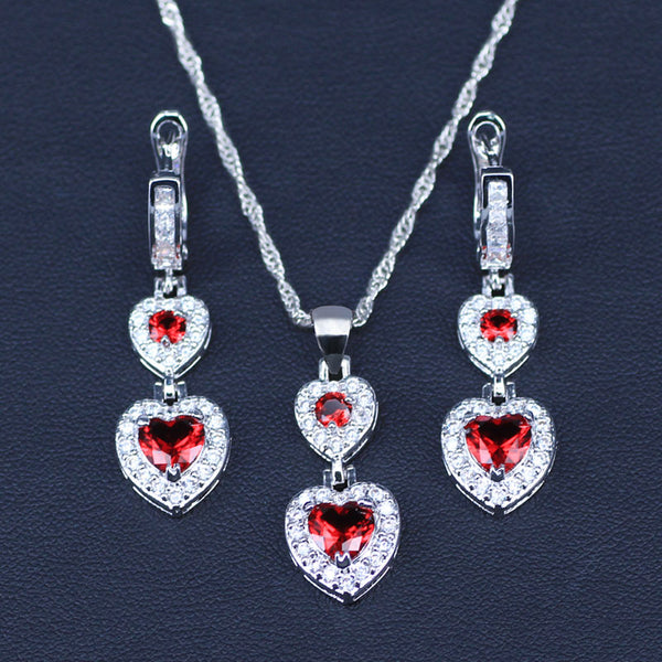 Austrian Crystal Heart CZ Pendant Silver Color Women Jewelry Set Necklace Earrings