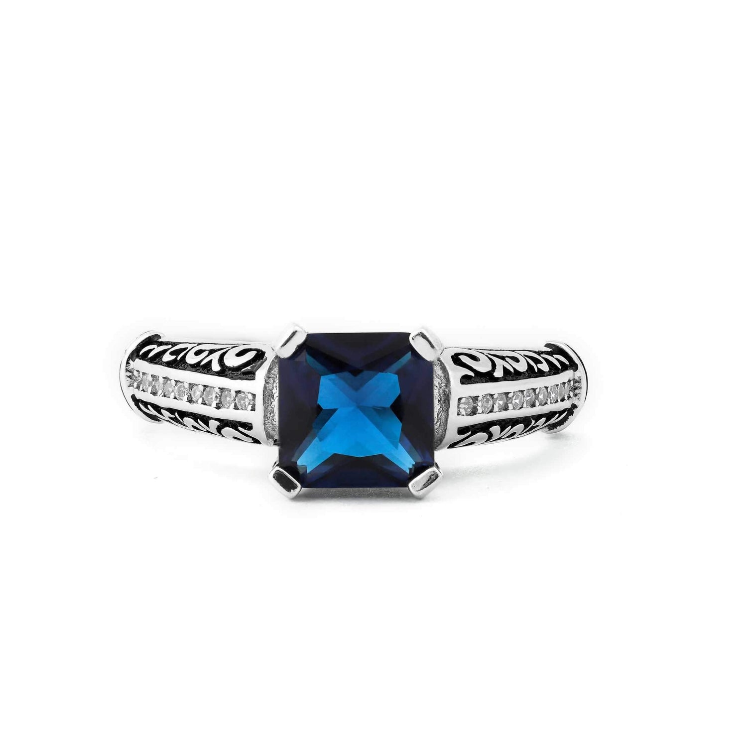 Antique Border Silver Plated Blue Zirconia Adjustable Ring