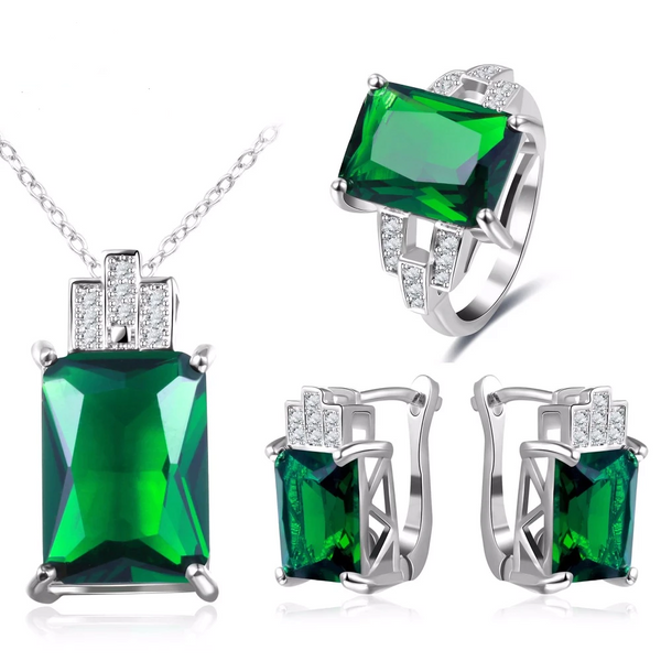 925 Sterling Silver Jewelry Green Stone CZ Wedding Sets Earring Necklace Ring