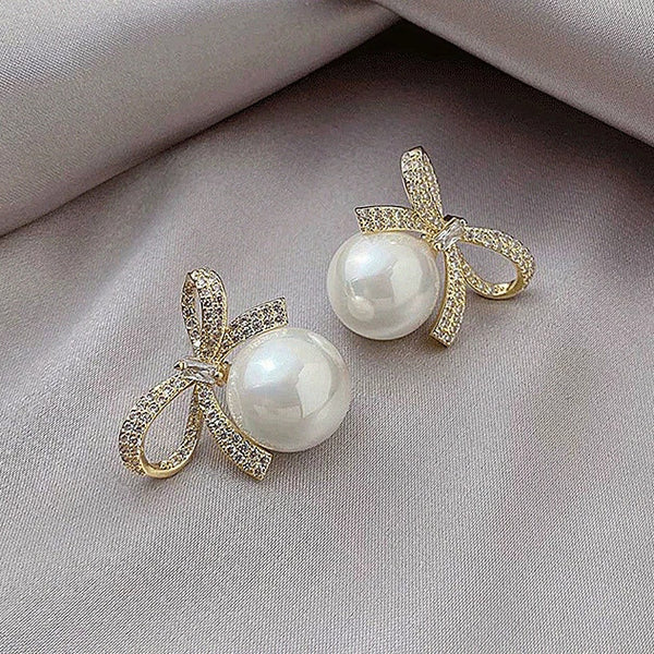 New Exquisite Bow Pearl Luxury Gold Elegant Stud Earrings