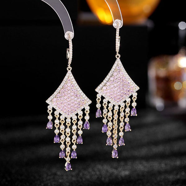 Luxury Banquet Jewelry Micro Pave Cubic Zirconia Temperament Long Dangle Earrings