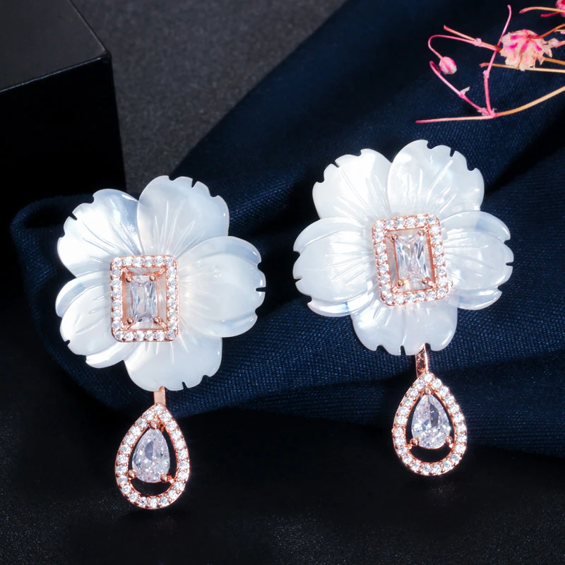Natural Designer Shell Flower Cubic Zirconia Stone Big Long 585 Rose Gold Drop Earring