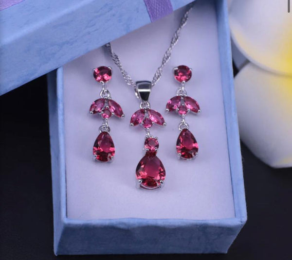 Ruby Red color necklace earring set bridal jewelry pear cut rose red crystal jewelry set