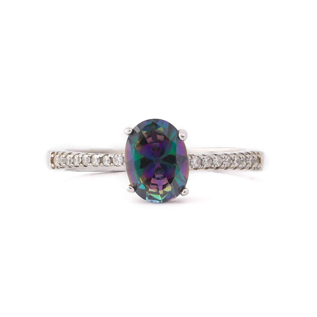 Oval Multicolor Stone With Microstone Band Sterling Silver Ring