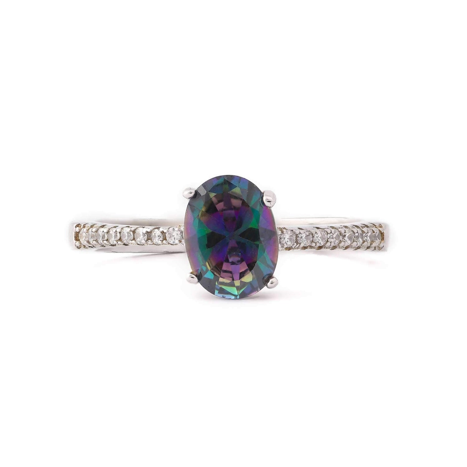 Oval Multicolor Stone With Microstone Band Sterling Silver Ring