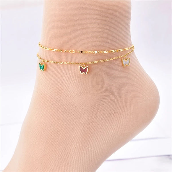 Stainless Steel New Fashion Jewelry 2 Layer Embedded In Natural Shells Hang 5 Butterflies Charm Chain Anklets