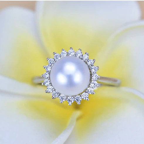 Pearl Of Silver Round Natural Freshwater Pearl Open Adjustable Sterling Silver Ring