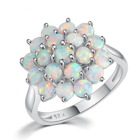 White Round Fire Opal Stone Silver Plated Flower Bloom Plant Ring