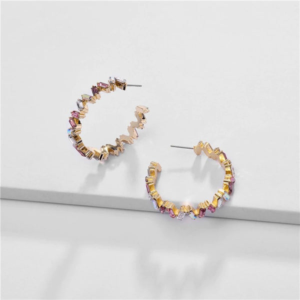 Pink Rainbow Colorful Zig Zag Big Hoop Crystal Earrings