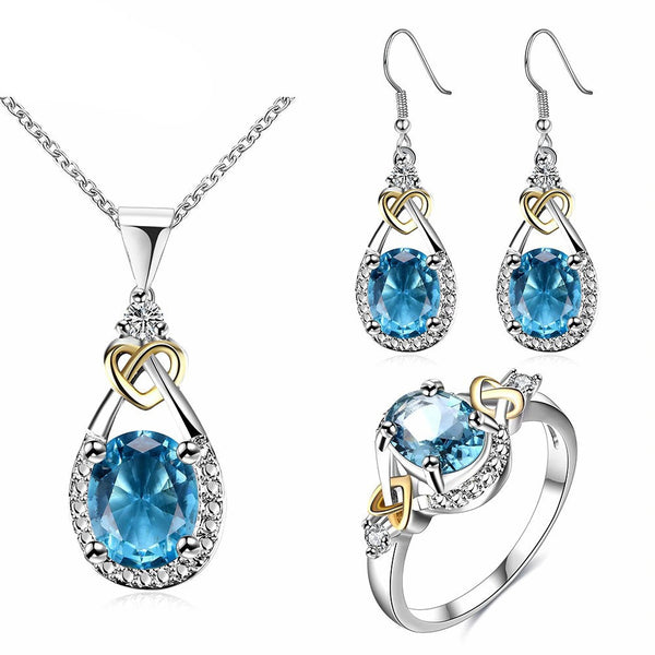 Blue Stone Vintage Bridal Ring Earring And Necklace Sets Cubic Zirconia