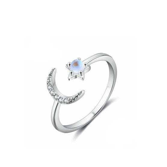 Sterling Silver Crescent Moon And Star Ring Moonstone Ring with Zircon Open Adjustable Ring