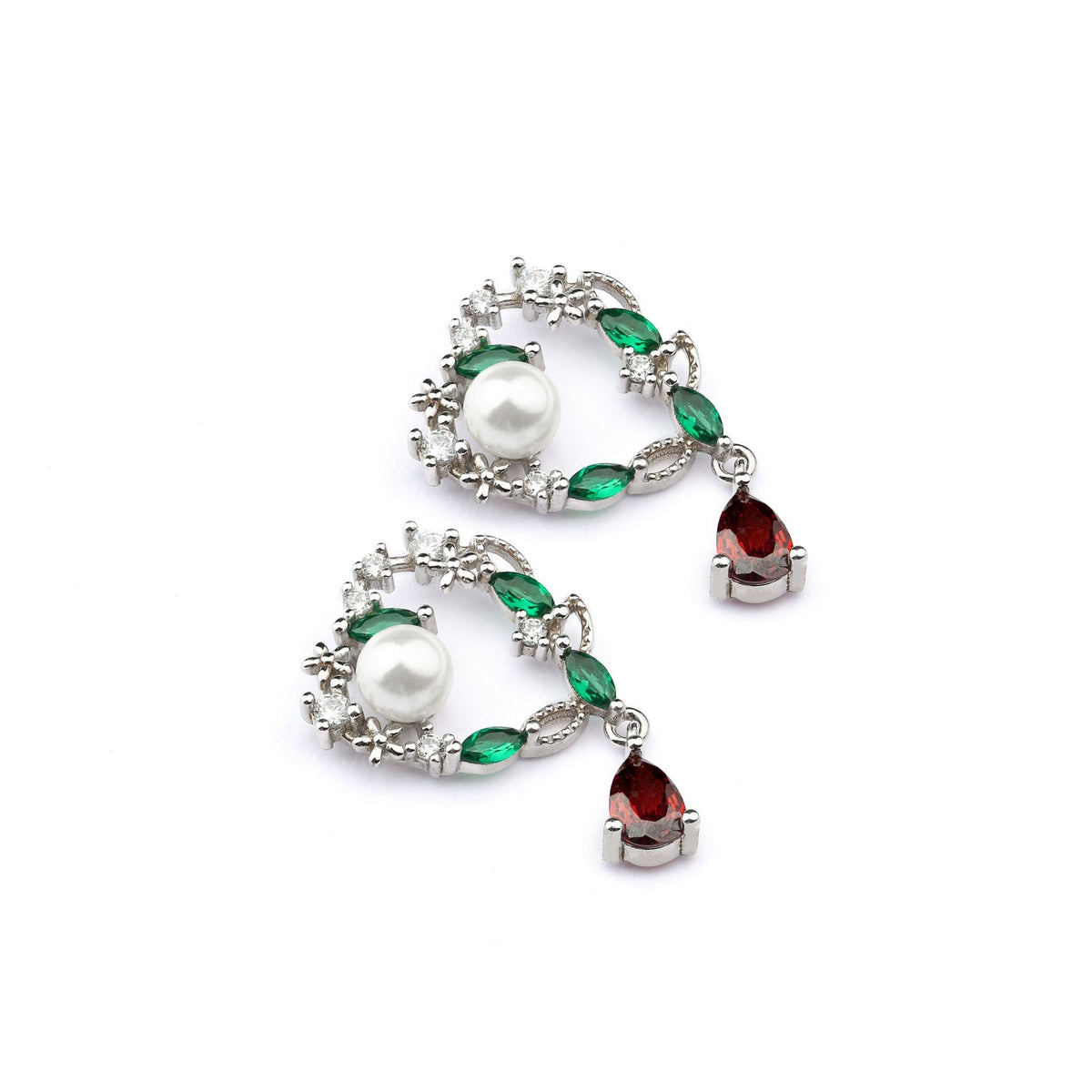 Red & Green Dual Color Sterling Silver Earring With Pearl