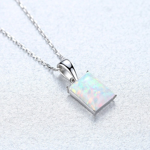 Pure 925 Sterling Silver Necklaces for Women Rectangle Fire Opal Pendant