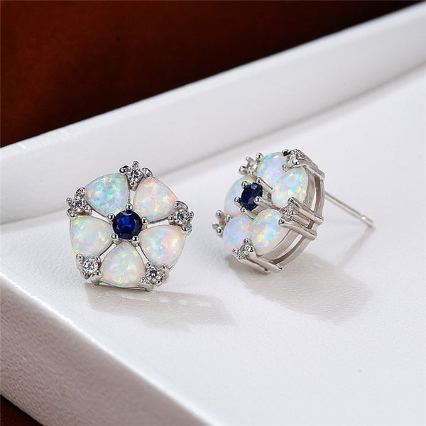 New Charm Flower Shape White Opal Small Stud Imitation Earrings