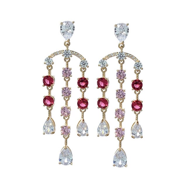 European Exaggerated Crystal Tassel Dangle Water Drop Cubic Zirconia Earrings