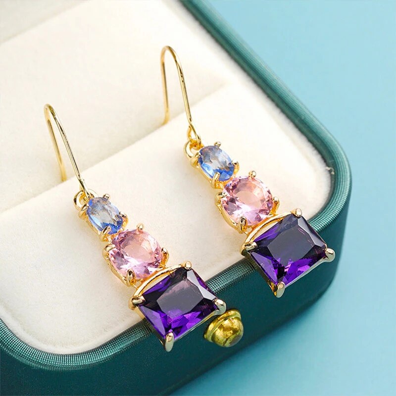 Exquisite Square Purple Cut Cubic Zircon Pink Blue Crystal Stone Dangle Drop Earrings