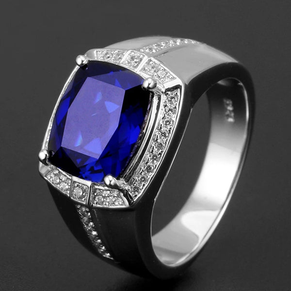 Men 925 Silver Sapphire Zircon Gemstone Adjustable Ring