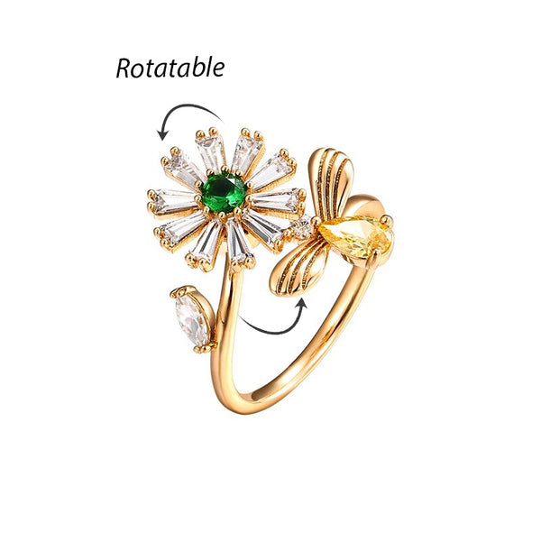 Golden Bee Flower Rotating Interesting Jewelry Spinning Creative Style Adjustable Ring