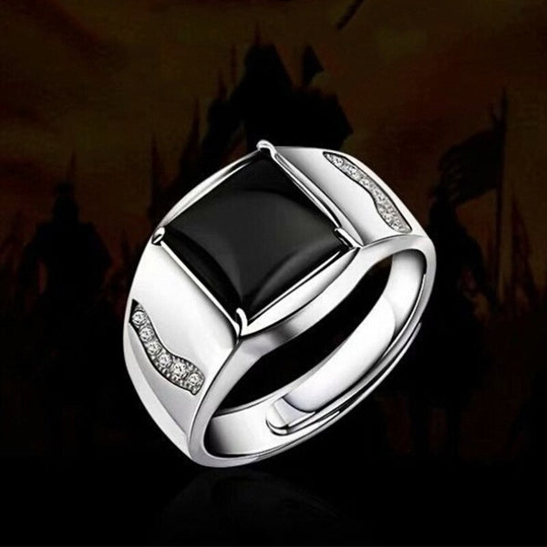 Men Silver 925 Jewelry Accessories with Obsidian Black Zircon Gemstone Open Adjustable Ring