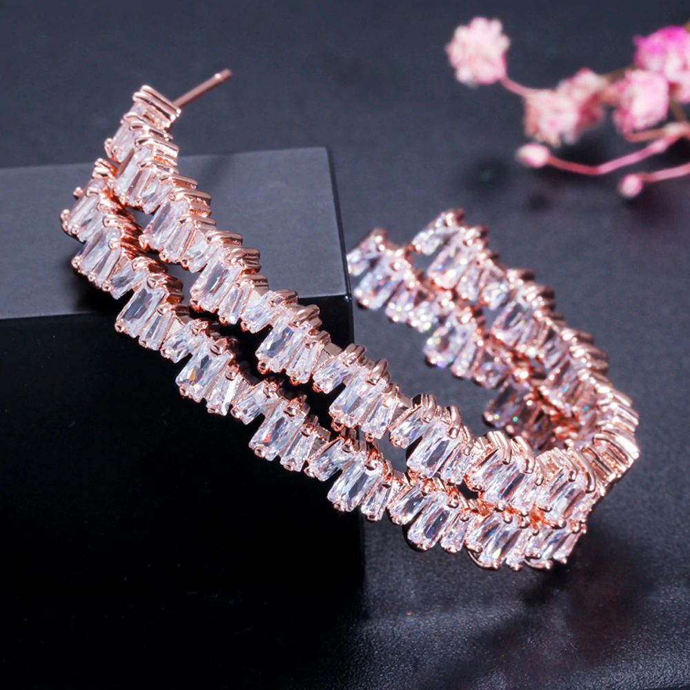 Irregular Baguette CZ Crystal 925 Sterling Silver Big Rose Gold Hoop Circle Earrings