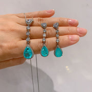 925 Sterling Silver Paraiba Classic Tourmaline Gemstone Jewelry Necklace/Earrings Set