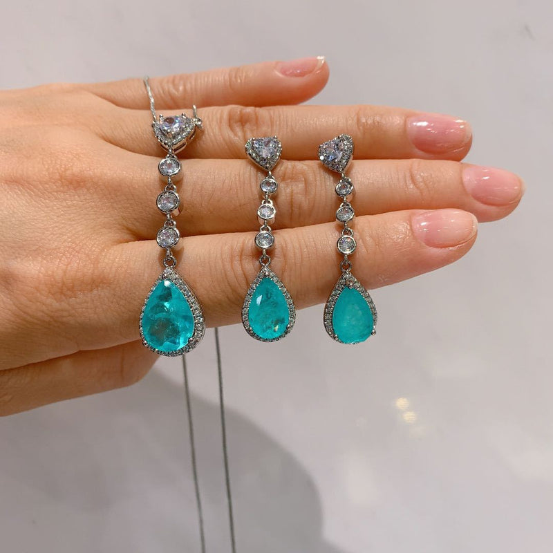 925 Sterling Silver Paraiba Classic Tourmaline Gemstone Jewelry Necklace/Earrings Set
