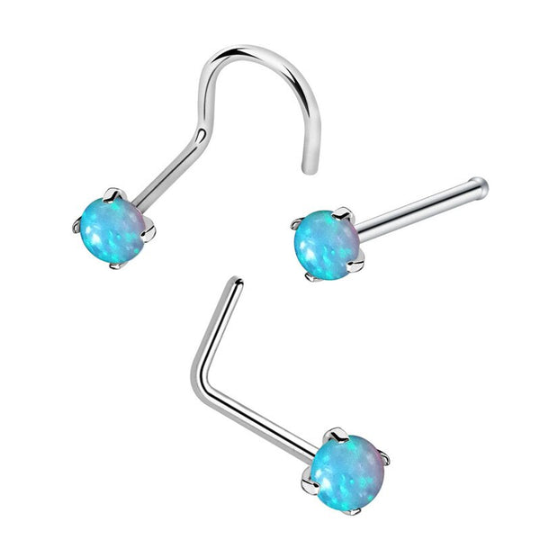 3PCS/lot Nose Studs Bone L-Shape Twist Nose Ear Piercing Blue Opal Gemstone