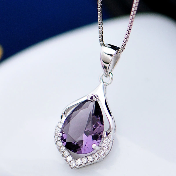 Water Drop Shaped Pendant Amethyst Necklace for Women Temperament Gemstone