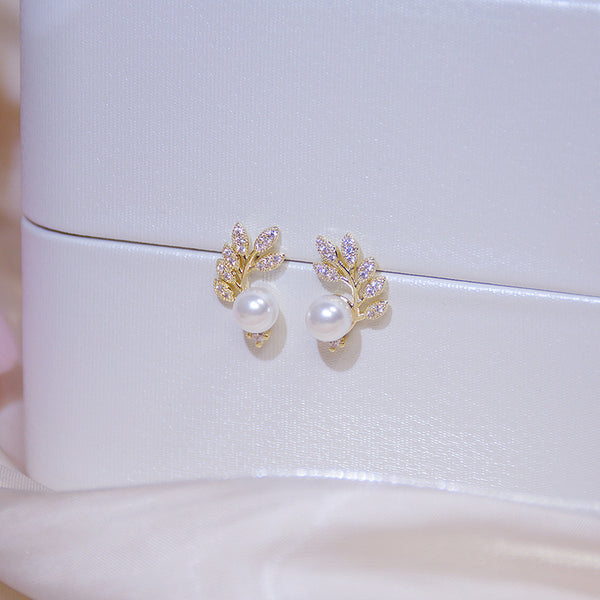14K Real Gold plated Exquisite AAA Zircon Pearl Leaf Elegant  Wedding Earrings