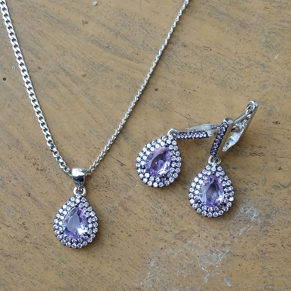 Turkish Sterling Silver (Chandi) Water Drop Purple Crystals Set